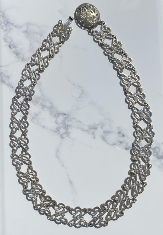 Vintage English Nurses Silver Plate? Chain Belt Filigree Crown Floral Metal Silver Nurses Belt, Buckle, Antique, Crown, Flowers, Leaves  main image 4