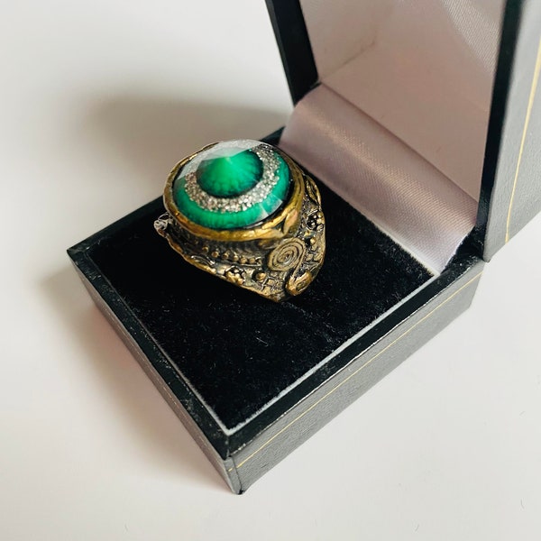 Unique Brass and Green/Silver Resin Steam Punk Ring