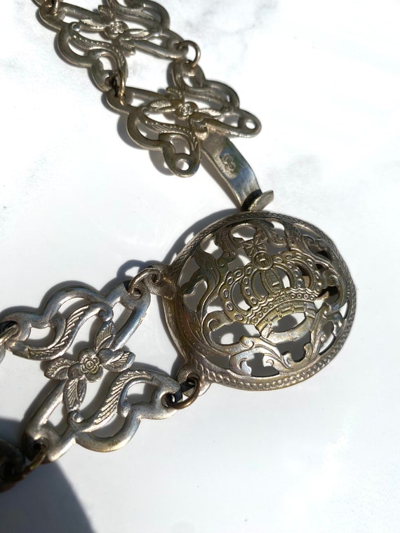 Vintage English Nurses Silver Plate? Chain Belt Filigree Crown Floral Metal Silver Nurses Belt, Buckle, Antique, Crown, Flowers, Leaves  main image 2