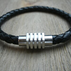 MONIYA Men's Black Braided Leather Bracelet - Stainless Steel Magnetic Clasp, Vintage Style, 8.26 Inch, Silver-Tone - View #5