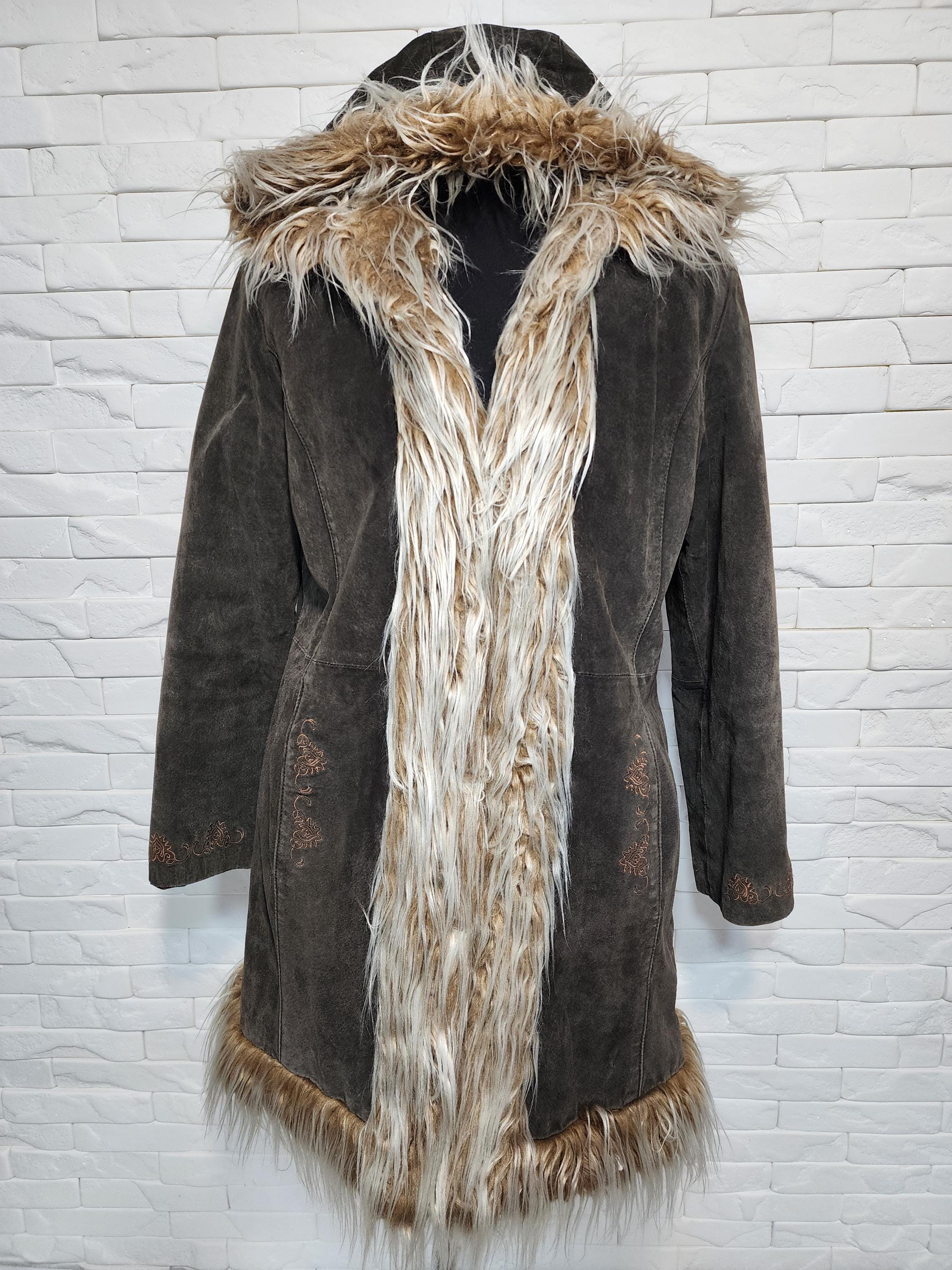 フェイクファーフード付きブラウンスエードジャケット - レディース