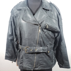 Vintage Black Leather Biker Jacket: Women&#39;s Belted Moto Jacket