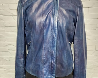 Vintage Blue Leather Jacket, Metal Zipper, Women's Size