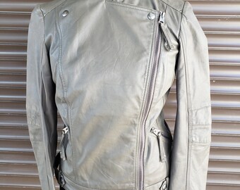 Gray Leather Biker Jacket: Women's Moto Jacket with Metal Zipper