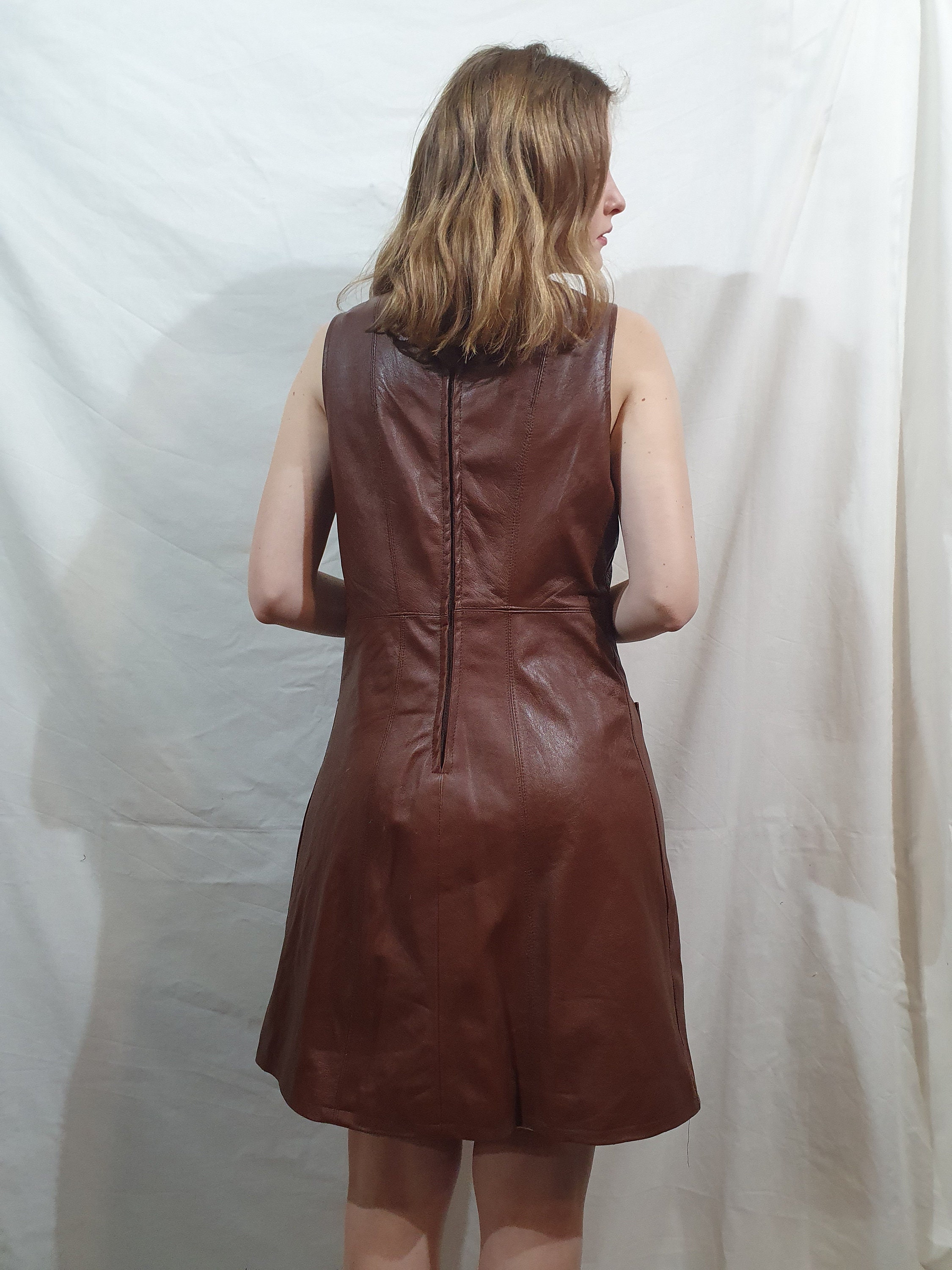 chinese dress ladies Women's Something to Behold Brown Faux Leather Short Sleeve Belted Midi Dress | Size: L main image 0