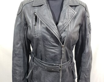 Ladies Dark Grey Leather Biker Jacket: Belted Metal Zip