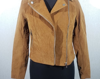 Brown Suede Leather Jacket: Women's Metal Zipper Biker Style