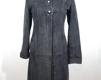 Vintage Black Suede Long Jacket: EU 42 Chic Women's Coat