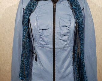 Blue Leather Jacket with Scarf: Women's Metal Zipper Coat