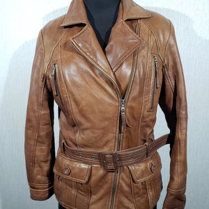 Belted Brown Leather Jacket: Women&#39;s Metal Zipper Moto Style