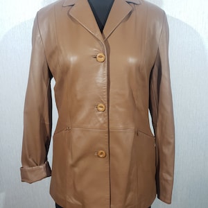 Brown Genuine Leather Jacket: Women&#39;s Classic Button-Up Coat