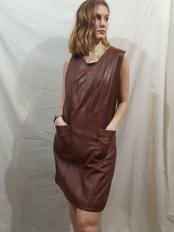 leather pocket dress Vintage Brown Dress: Sleeveless Mini With Pockets white long maxi dress