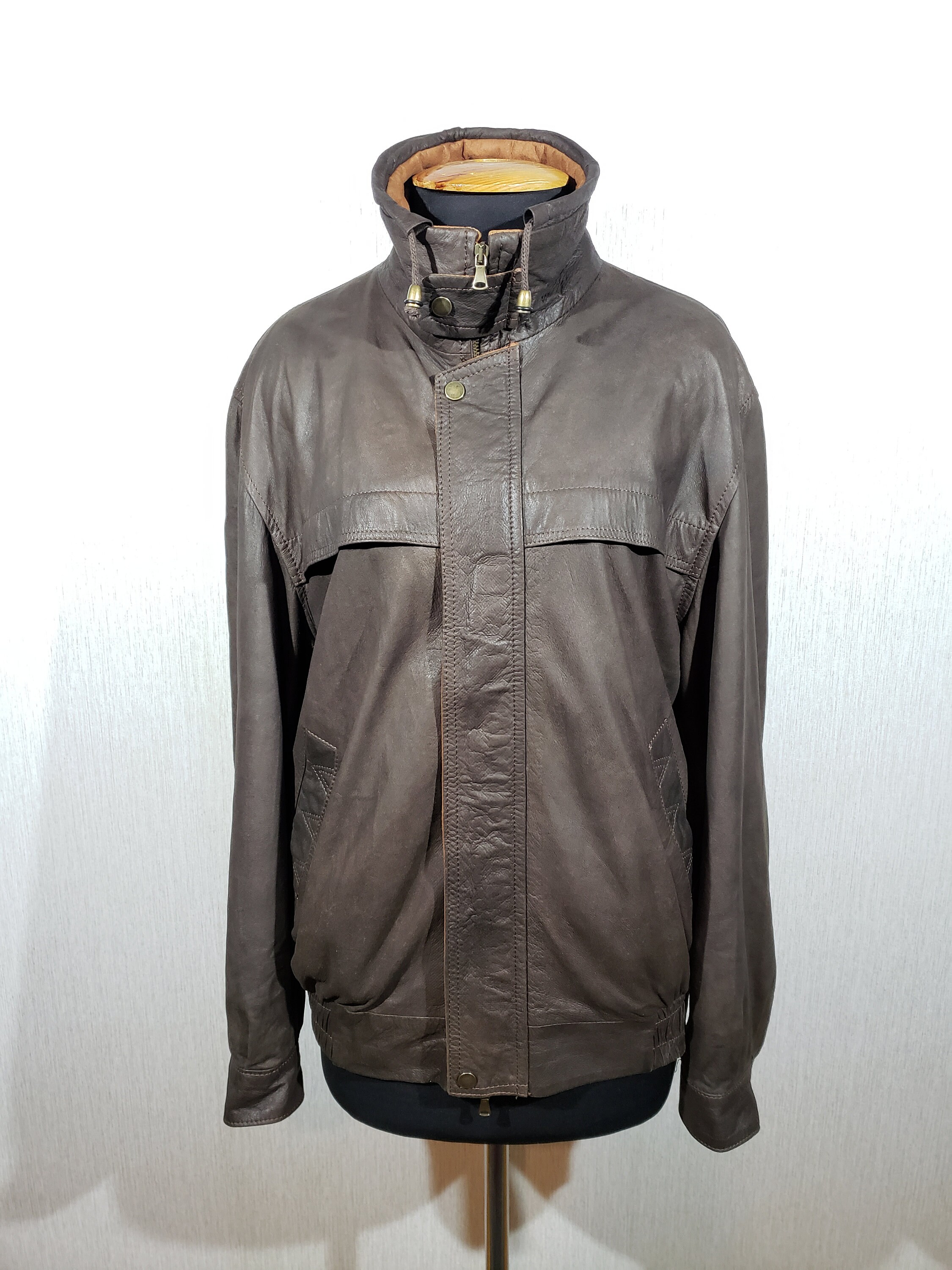 ヴィンテージブラウンレザージャケット：メンズジッパーボンバー