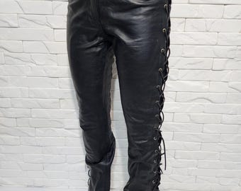 Genuine Leather Lace-up Biker Pants - Women's Black Denim Style - Etsy