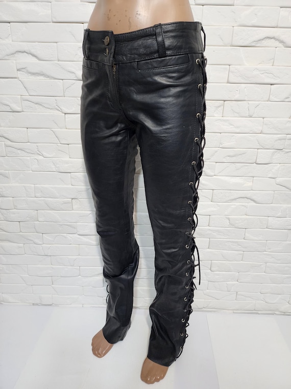 Genuine Leather Lace-up Biker Pants - Women's Black Denim Style - Etsy