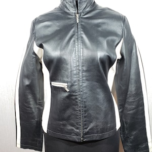 Vintage Black & White Echtlederjacke: Damen Sport Moto Style