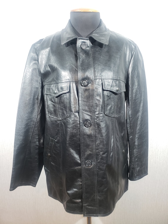 Vintage Patent Leather Jacket: Solid Black Button… - image 1