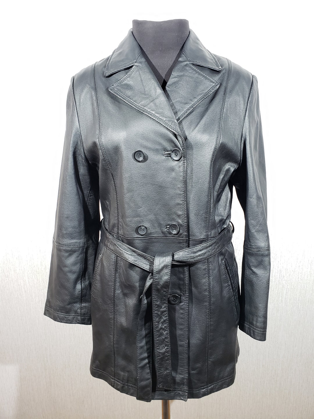 Black Genuine Leather Jacket: Double-breasted Belted Women's Coat
