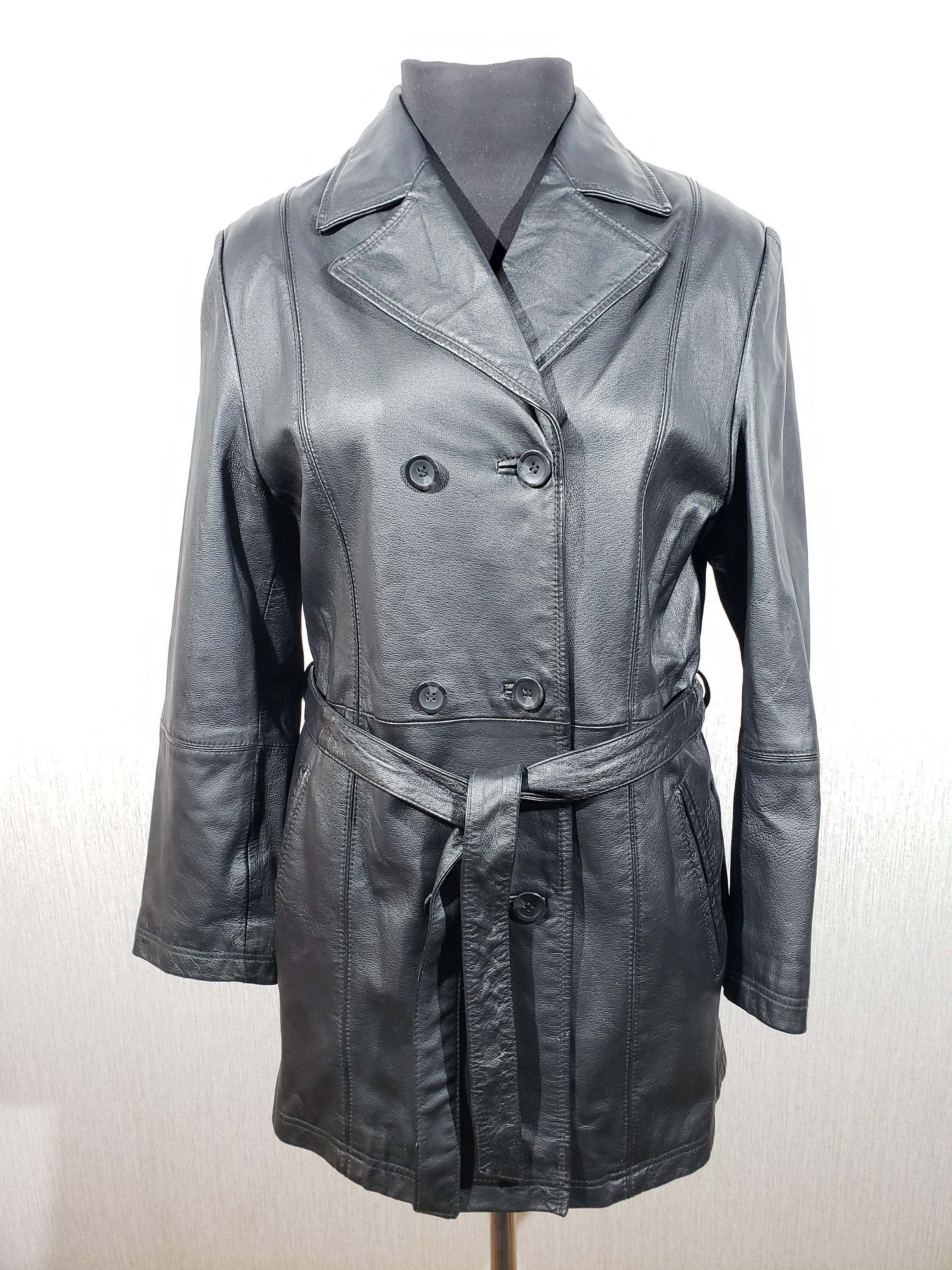 Stylish Women's Jacket Made of Black Genuine Leather. Double