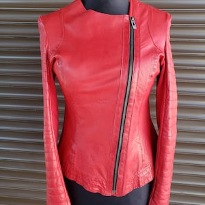 Red Leather Biker Jacket: Lightweight Women&#39;s Moto Jacket, Metal Zipper