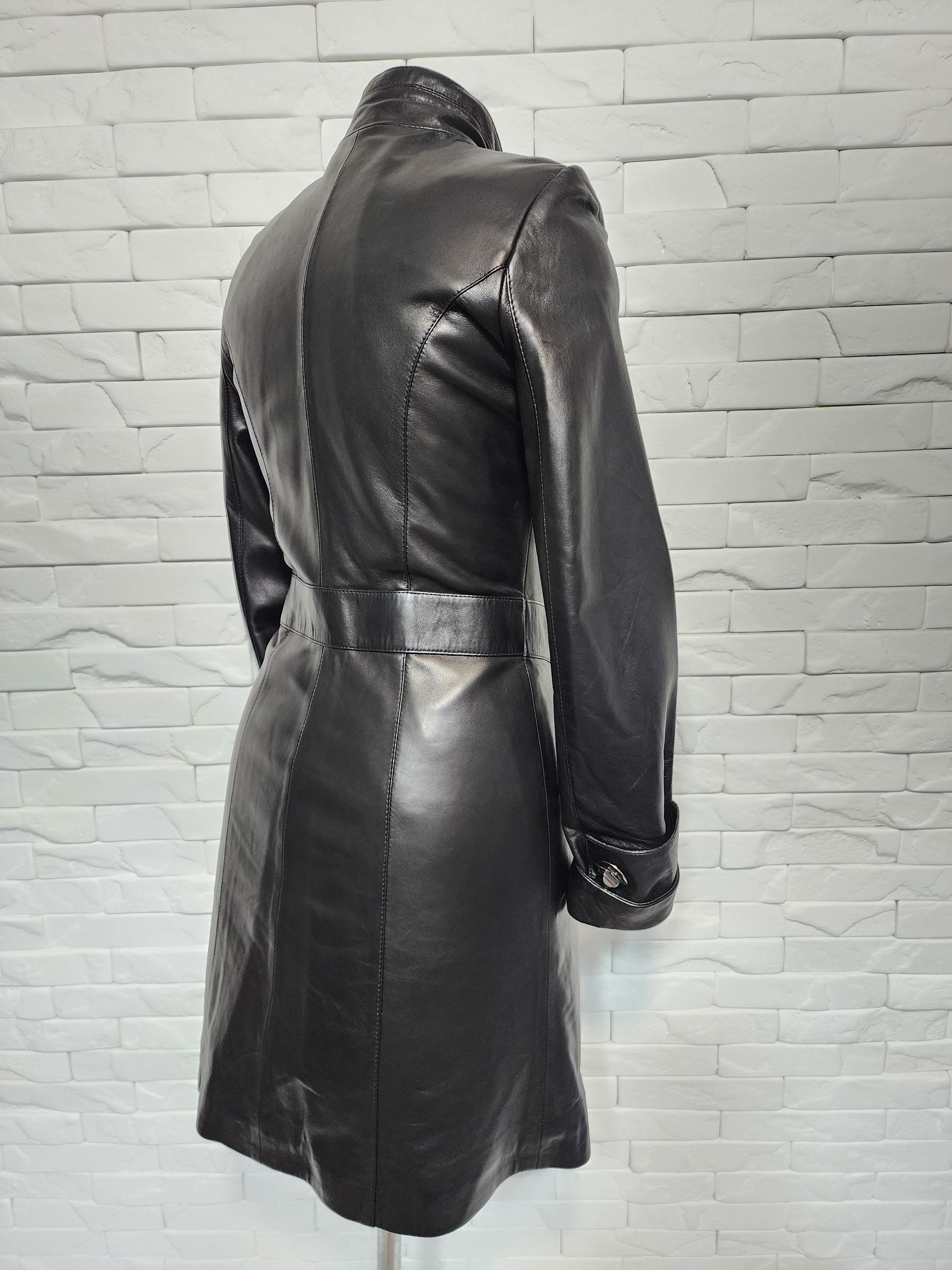 Vintage Black Leather Trench Coat: Women's Long Raincoat, Size S