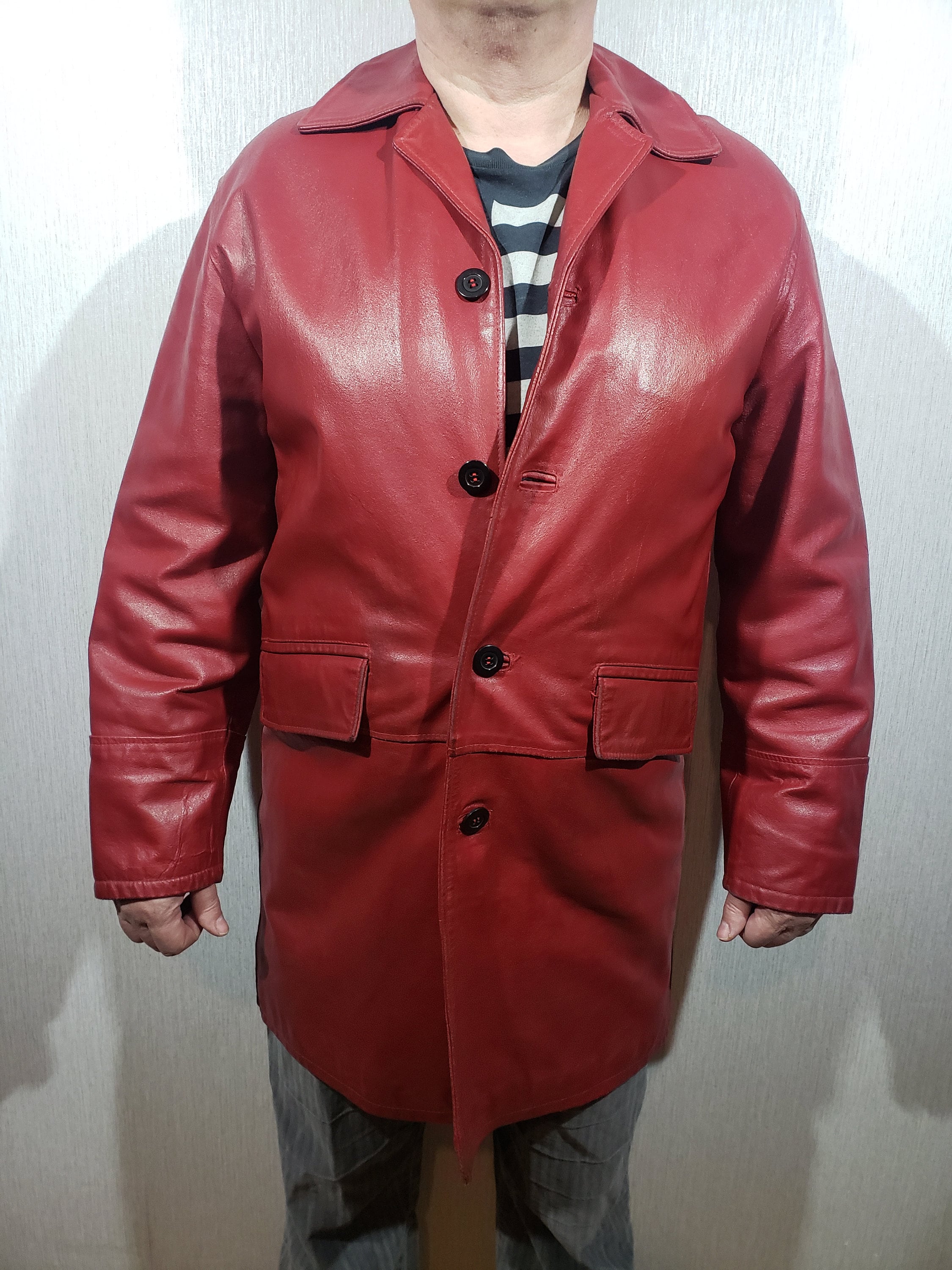 ヴィンテージレッドレザーメンズジャケット：ロングボタンダウンコート 