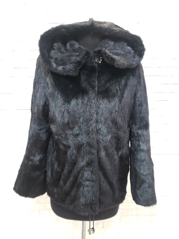 ミンク　ブラックフード付きコート フード付きブラックミンクファーコート：レディース高級冬アウター