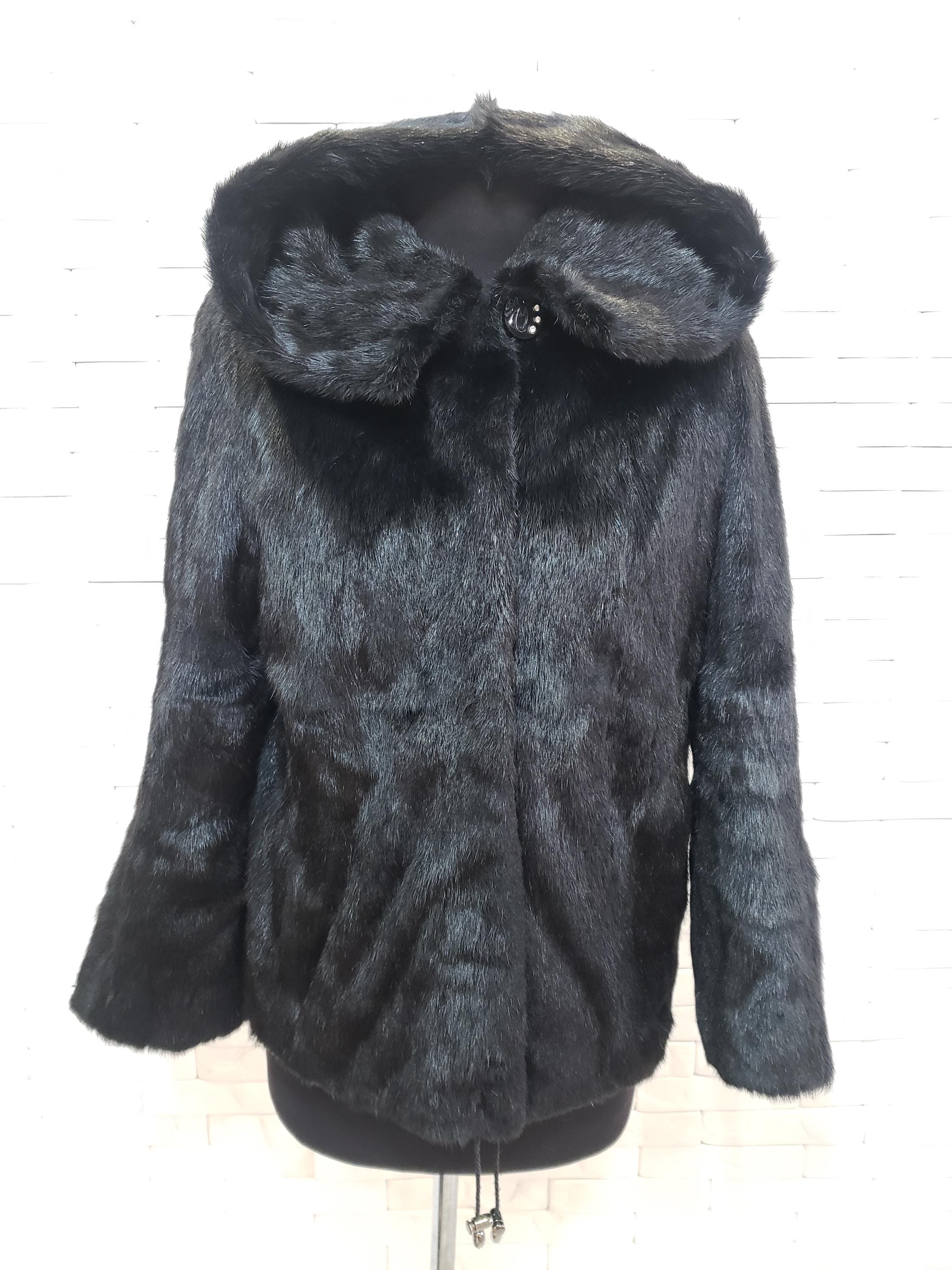 ミンク　ブラックフード付きコート フード付きブラックミンクファーコート：レディース高級冬アウター
