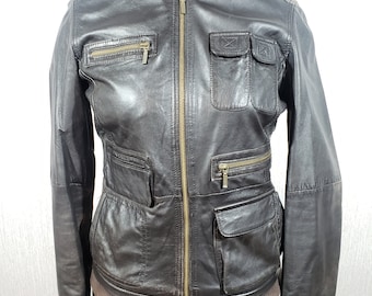 Brown Leather Women's Jacket: Sporty Zip-Up with Pockets