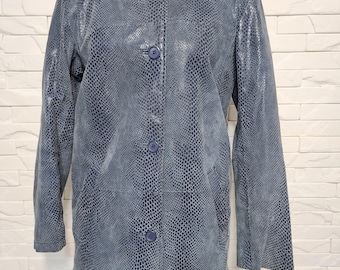Embossed Blue Leather Jacket: Women's Vintage Classic Cut