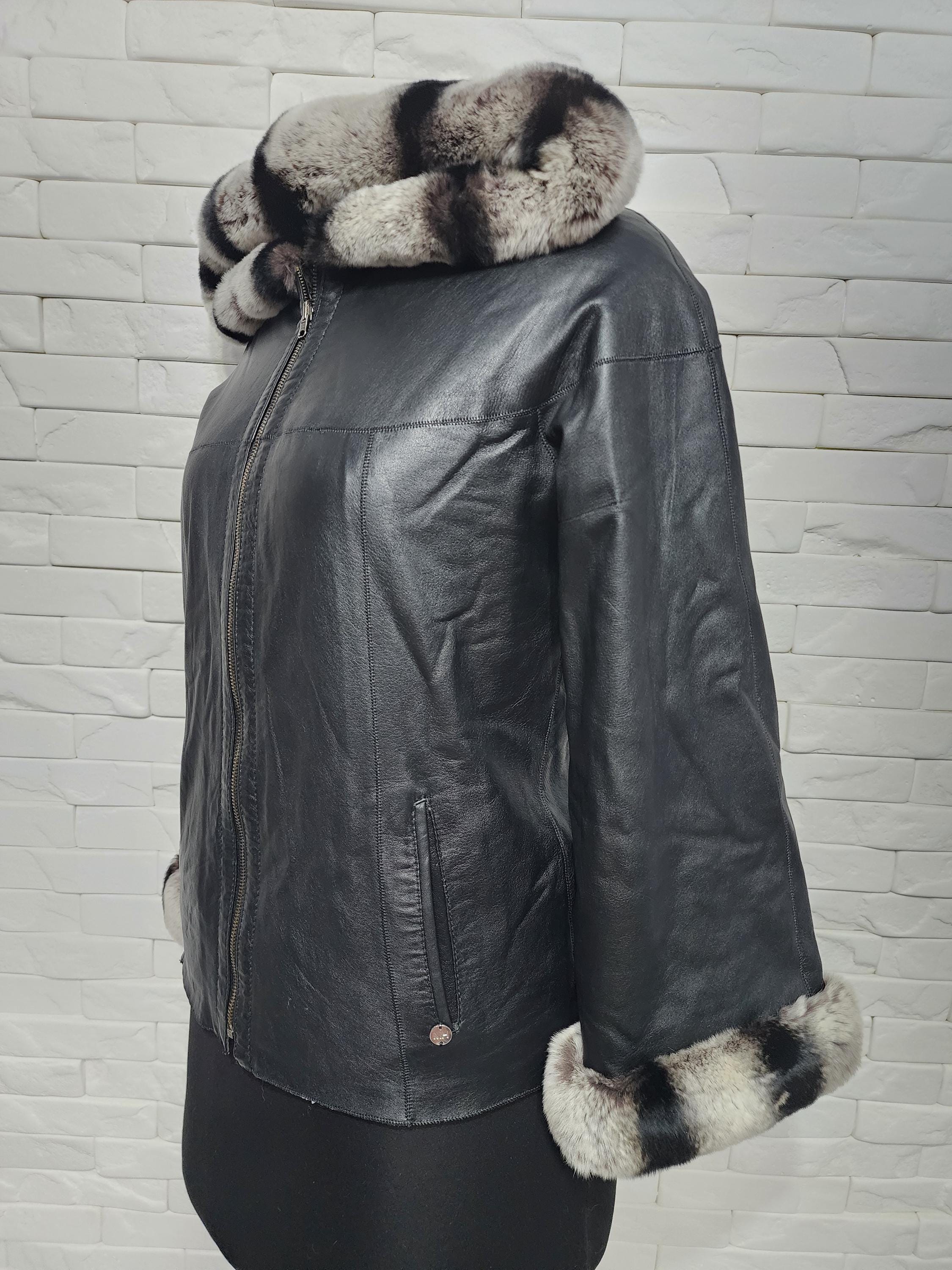 Reversible Black Leather Jacket: Gray Faux Fur Hooded Coat - Etsy