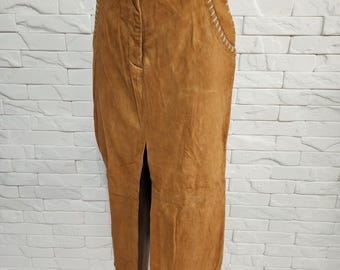 Leather skirt with decorative lacing. Brown skirt made of genuine suede.
