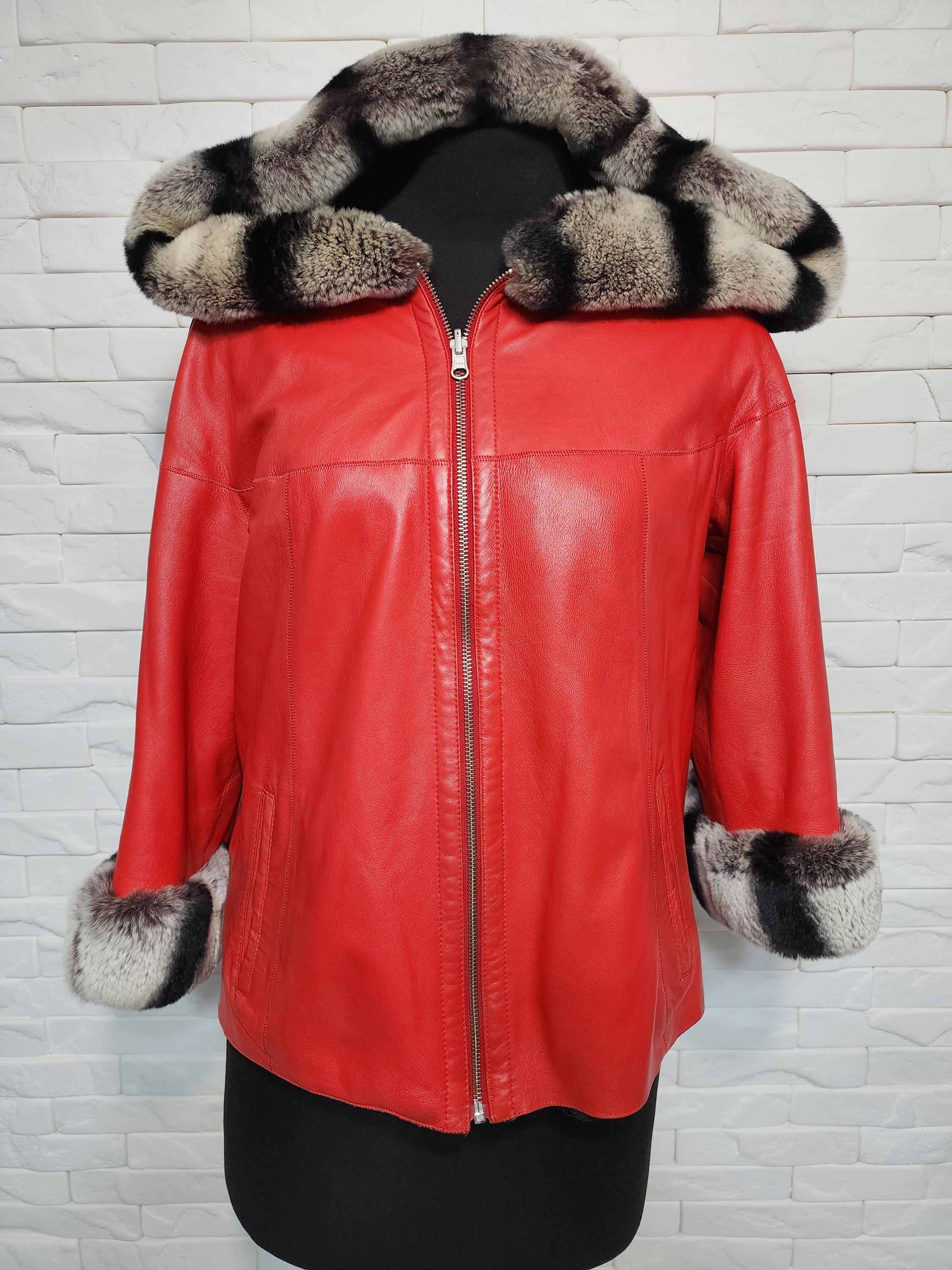 Reversible Red Leather Jacket: Fur Hood & Cuffs, Raglan Sleeve - Etsy