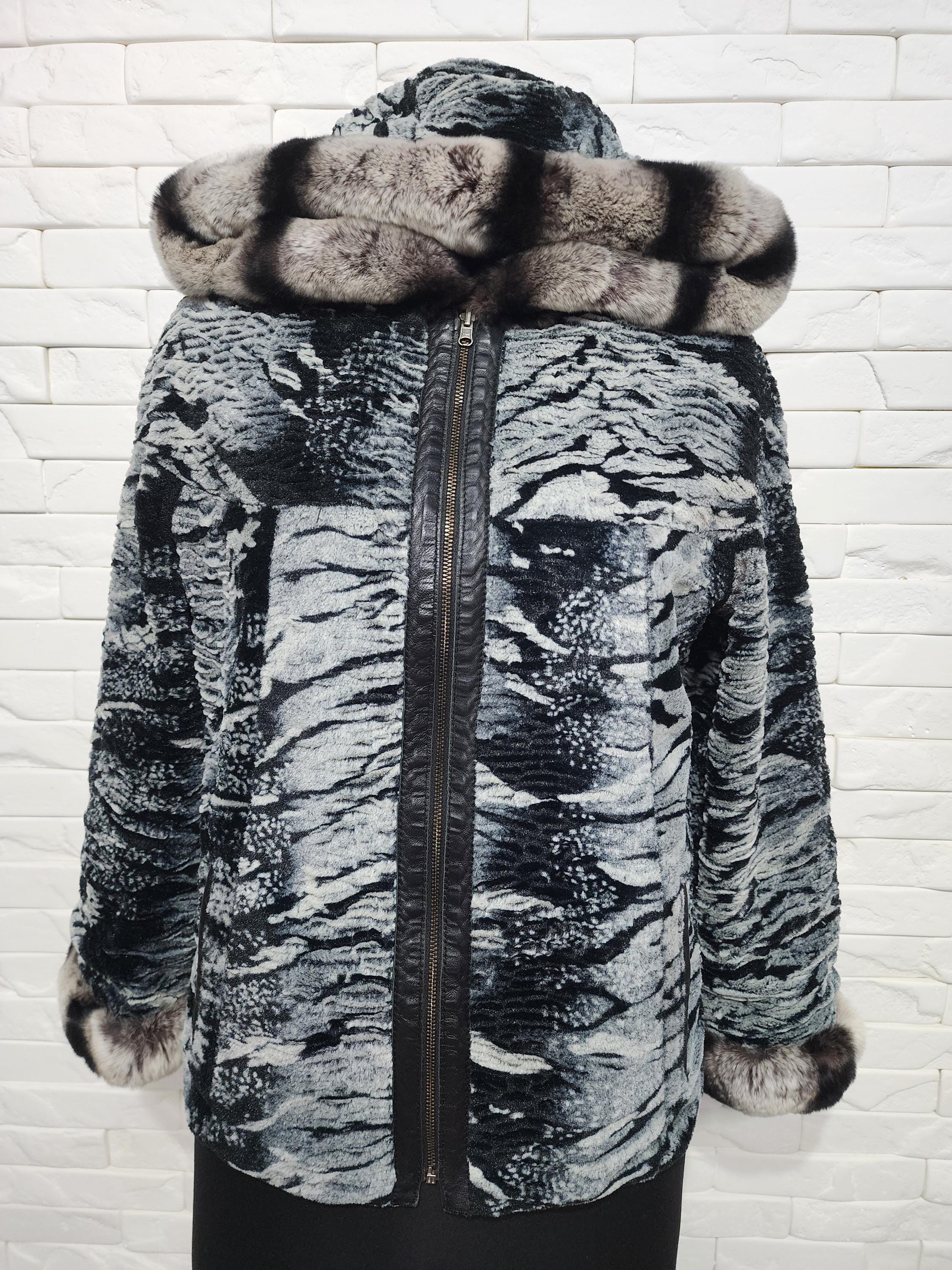 Reversible Black Leather Jacket: Gray Faux Fur Hooded Coat - Etsy