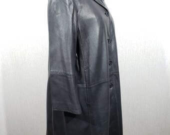 Vintage Black Genuine Leather Coat: Long Button-up Jacket