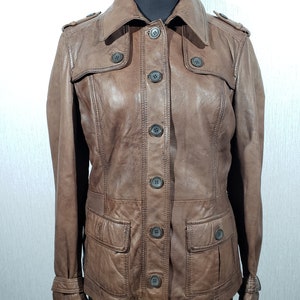 Blouson femme marron en cuir véritable : boutonné en cuir souple