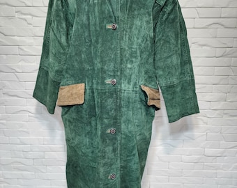 Vintage Green Leather Jacket: Womrn's Button Long Coat