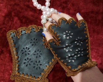 Handmade Black Leather Crochet Driving Gloves