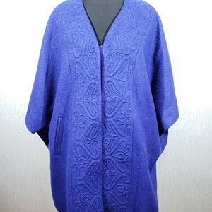 Blue Wool Blend Poncho: Embossed Design, Hidden Snaps