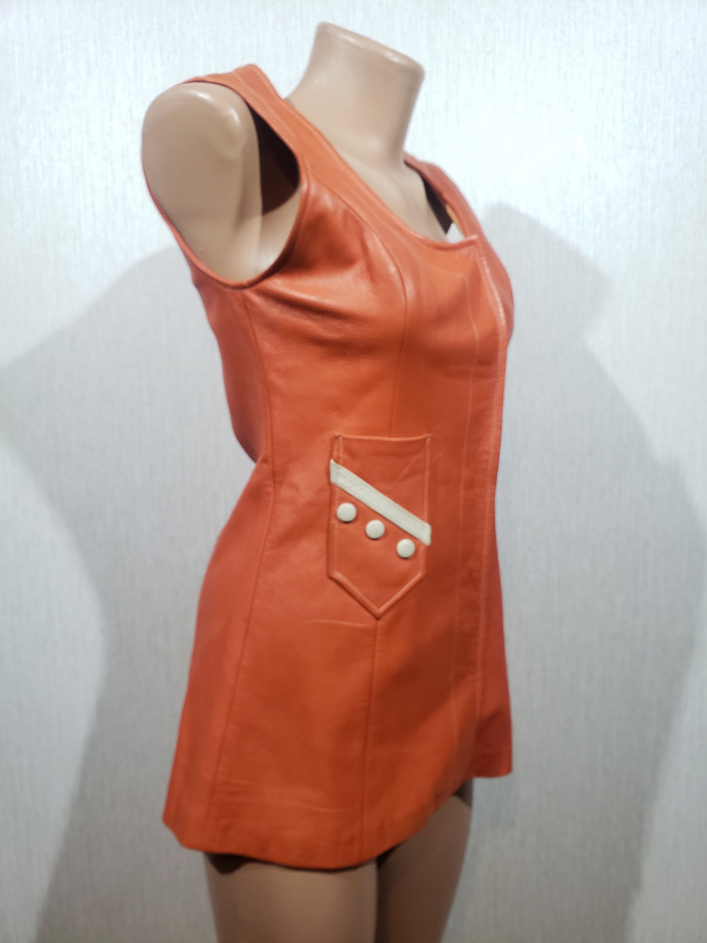 Vintage Orange Leather Dress with Metal Snaps