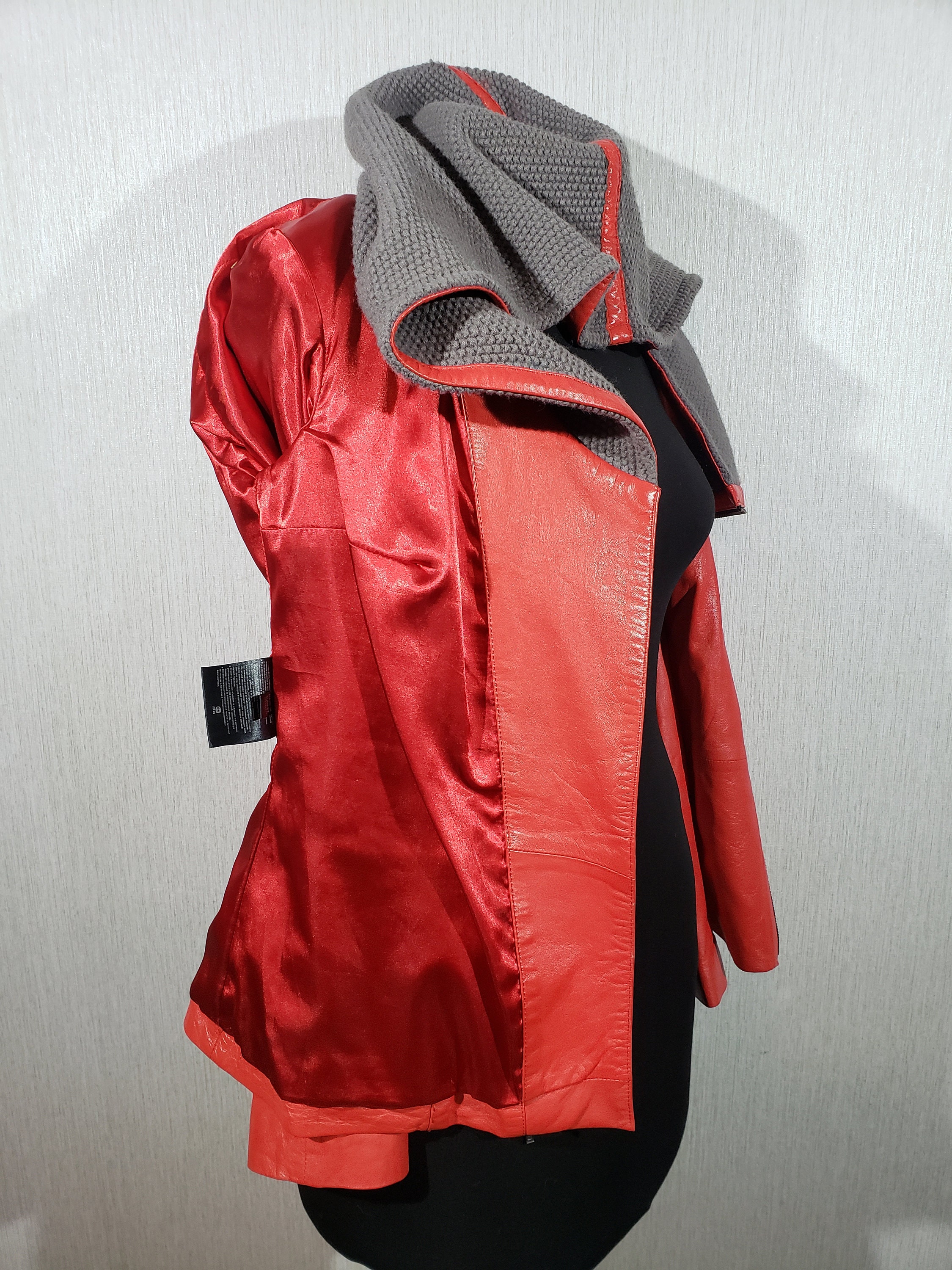 Vintage Red Leather Jacket With Knitted Hood, Metal Zipper - Etsy