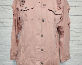 Vintage Pink Cotton Denim Jacket: Decorative Design, Metal Buttons