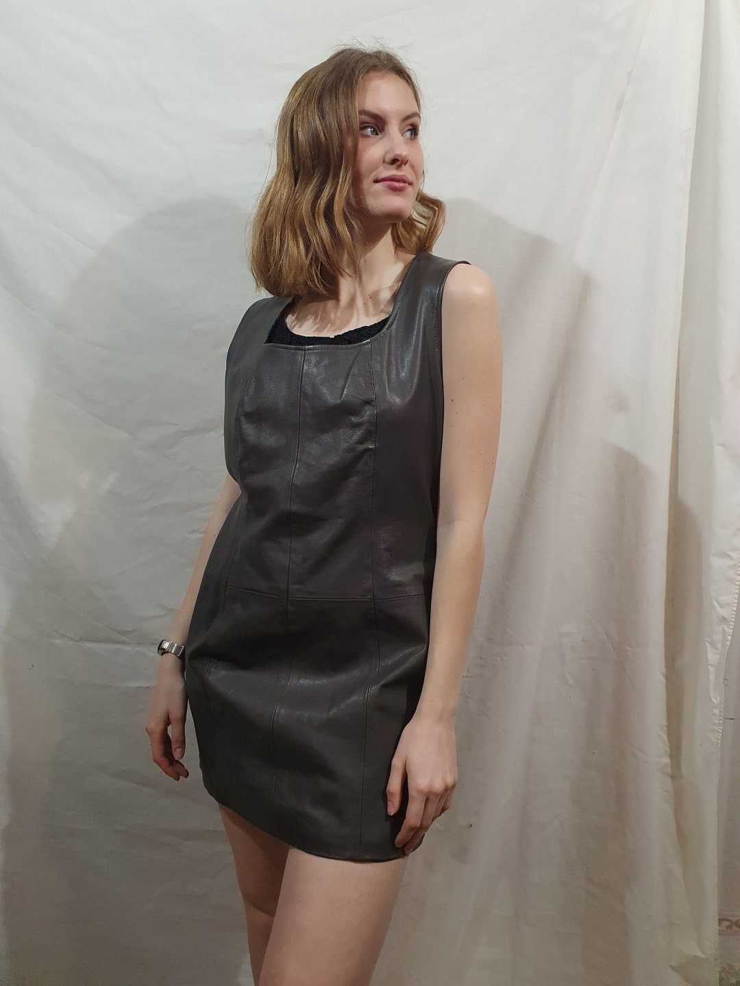 grey leather dress Gray Leather Mini Dress: Sleeveless Genuine Leather, Size 38