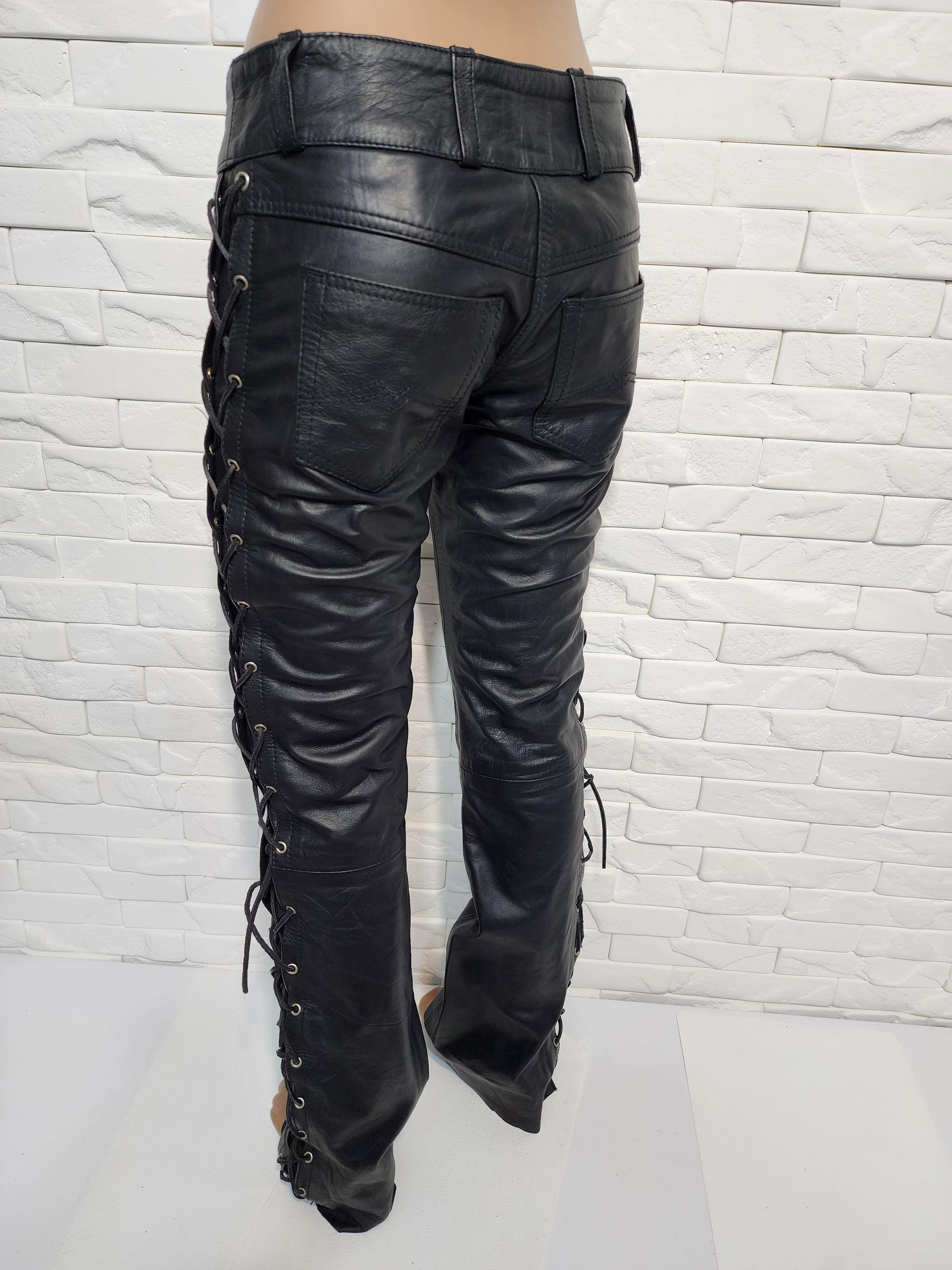 Genuine Leather Lace-up Biker Pants - Women's Black Denim Style - Etsy