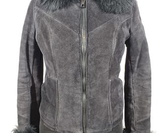 Vintage Black Suede Jacket: Faux Fur Collar, Women's Warm Coat