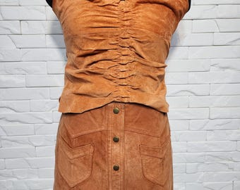 Vintage Brown Leather Suit: Suede Vest & Skirt