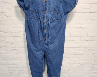 Combinaison en jean : Combi-short en coton bleu avec poches pour femme