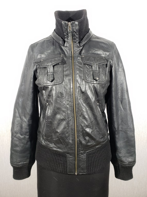 Women s Leather Sports Jacket. Black Women s Zip up Jacket With Knitted Bottom Cuffs and Collar. Etsy Ireland