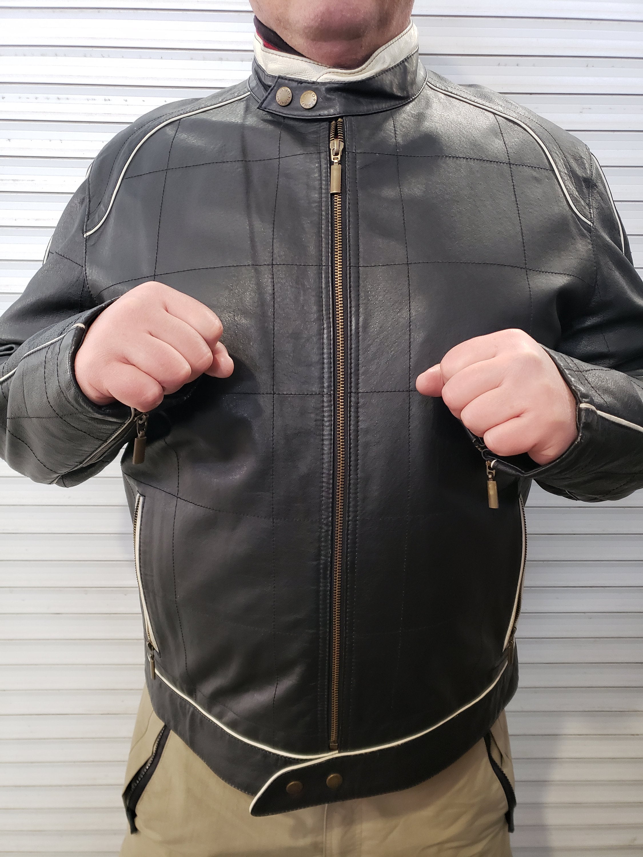 Jamo Vintage Leather Biker Jacket: White Accents, Zipped Pockets