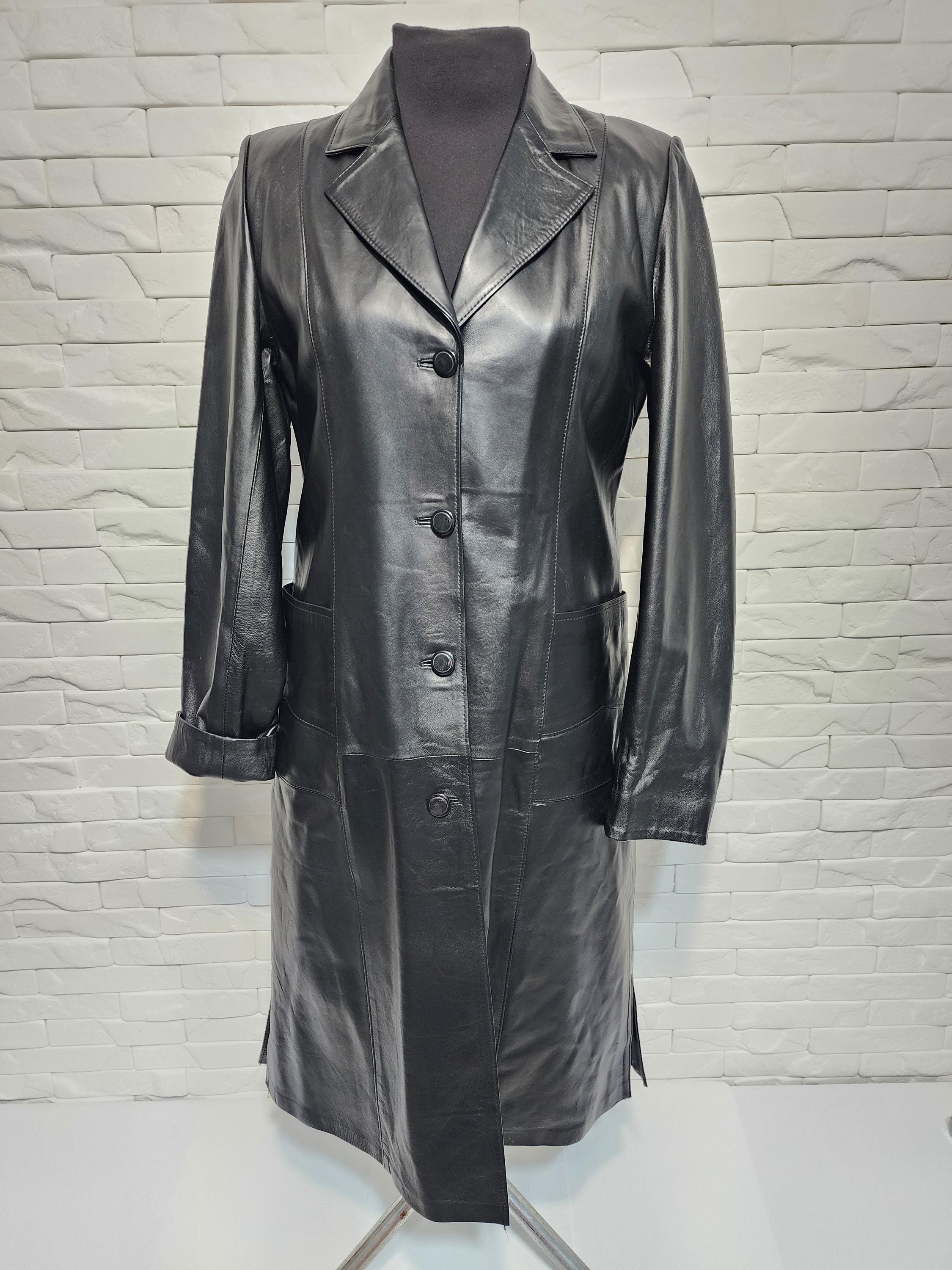 Vintage Black Leather Trench Coat - Women's Size L - Etsy